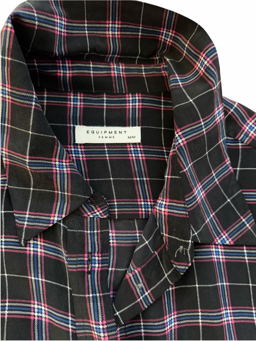 Equipment Black Plaid Button-Down Shirt with Pink and White Stripes